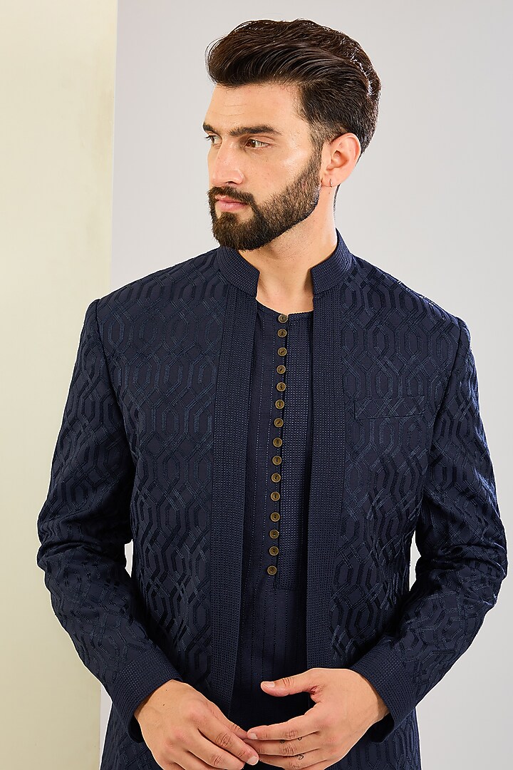 Navy Blue Cotton Silk Indowestern Set by SAHIL ANEJA at Pernia's Pop Up Shop