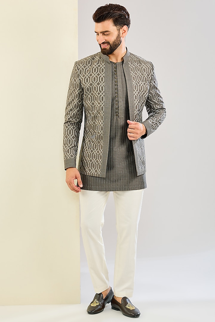 Mouse Grey Cotton Silk Indowestern Set by SAHIL ANEJA at Pernia's Pop Up Shop