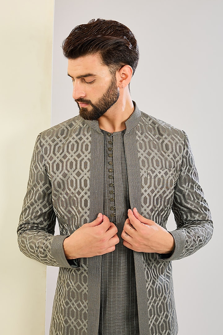 Mouse Grey Cotton Silk Indowestern Set by SAHIL ANEJA at Pernia's Pop Up Shop