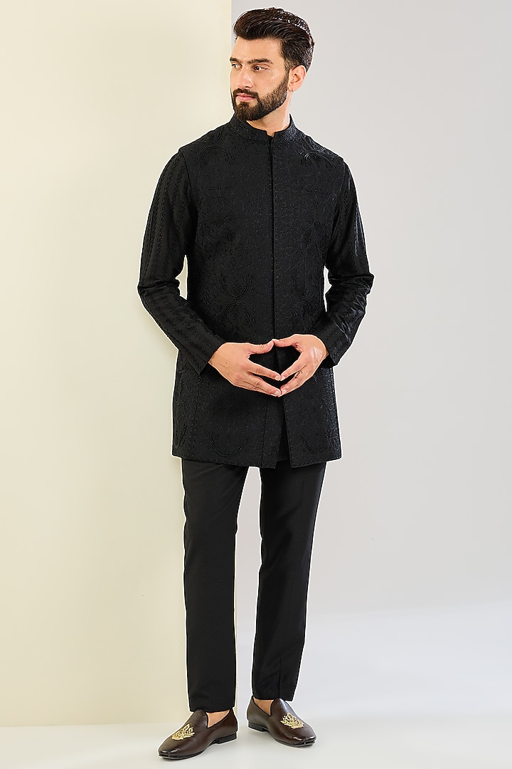 Black Cotton Silk Cutdana Embroidered Indowestern Set by SAHIL ANEJA at Pernia's Pop Up Shop