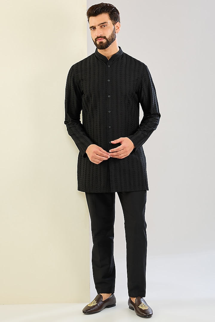 Black Cotton Silk Cutdana Embroidered Indowestern Set by SAHIL ANEJA at Pernia's Pop Up Shop