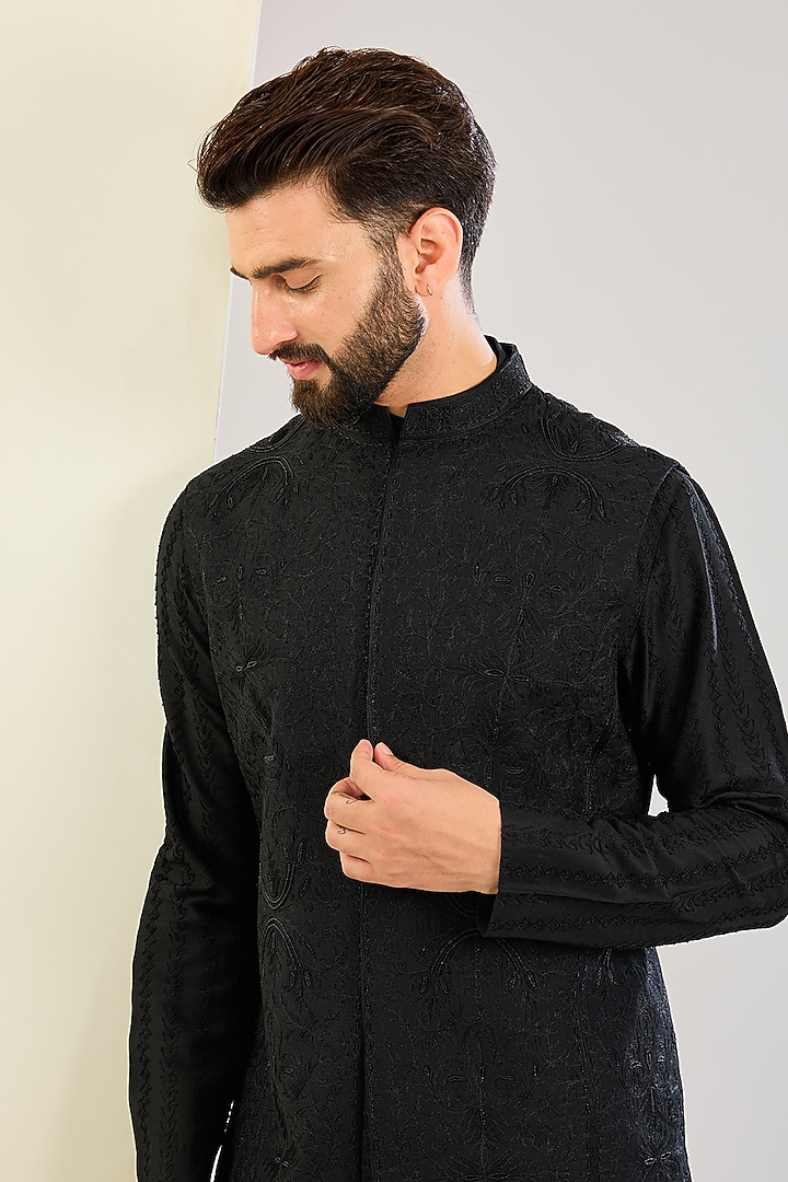 Black Cotton Silk Cutdana Embroidered Indowestern Set by SAHIL ANEJA at Pernia's Pop Up Shop