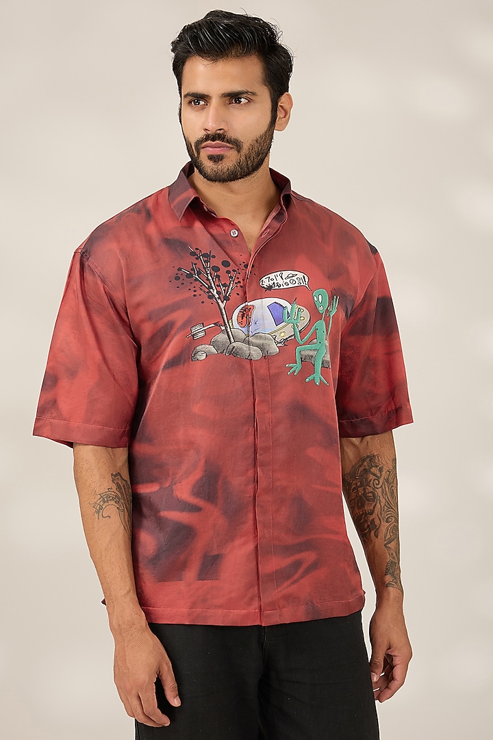 Rustic Red Cotton Printed Shirt by Sahil Aneja at Pernia's Pop Up Shop