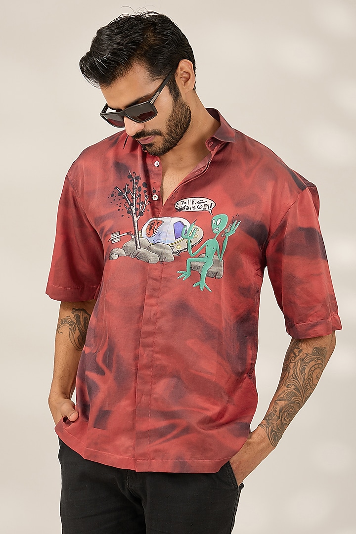 Rustic Red Cotton Printed Party Wear Shirt by SAHIL ANEJA at Pernia's Pop Up Shop