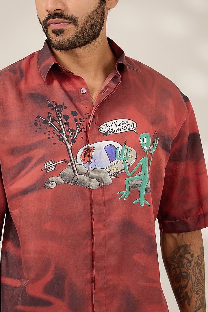Rustic Red Cotton Printed Party Wear Shirt by SAHIL ANEJA at Pernia's Pop Up Shop