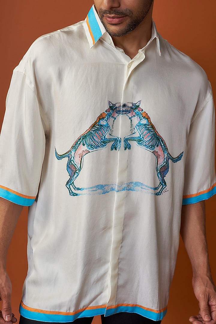 Ecru Silk Printed Wedding Shirt by SAHIL ANEJA at Pernia's Pop Up Shop