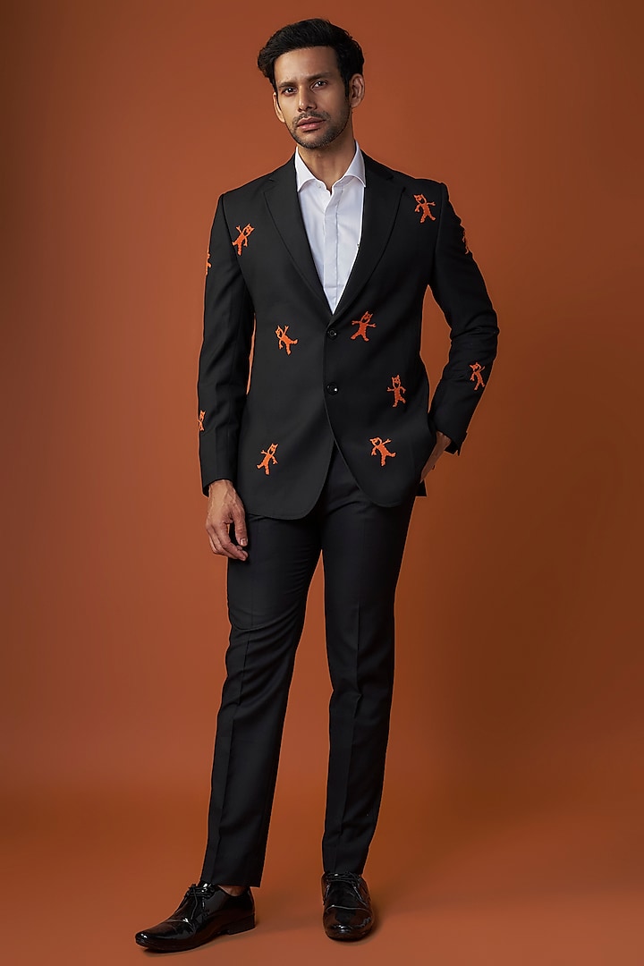 Black Suiting Embroidered Tuxedo Set by SAHIL ANEJA