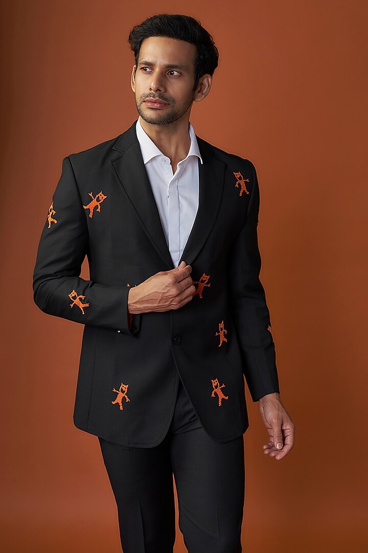 Black Suiting Embroidered Tuxedo Set by SAHIL ANEJA at Pernia's Pop Up Shop