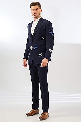 Navy Blue Suiting Tuxedo Set by SAHIL ANEJA
