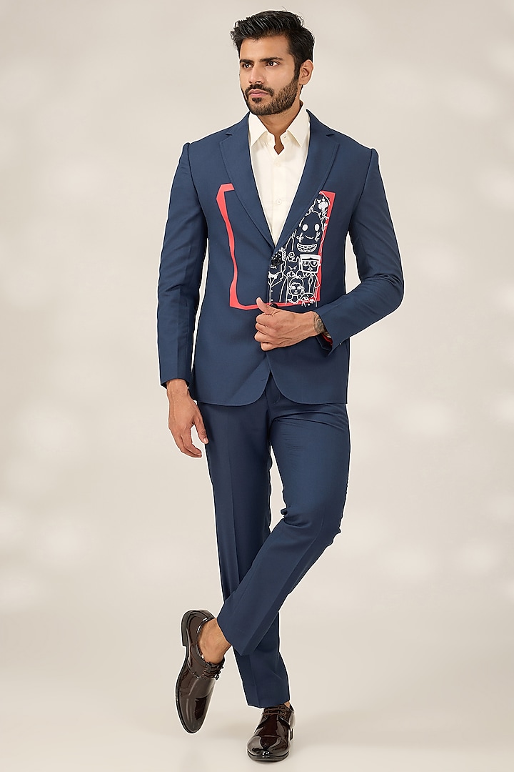 Navy Suiting Fabric Printed Tuxedo Set by Sahil Aneja