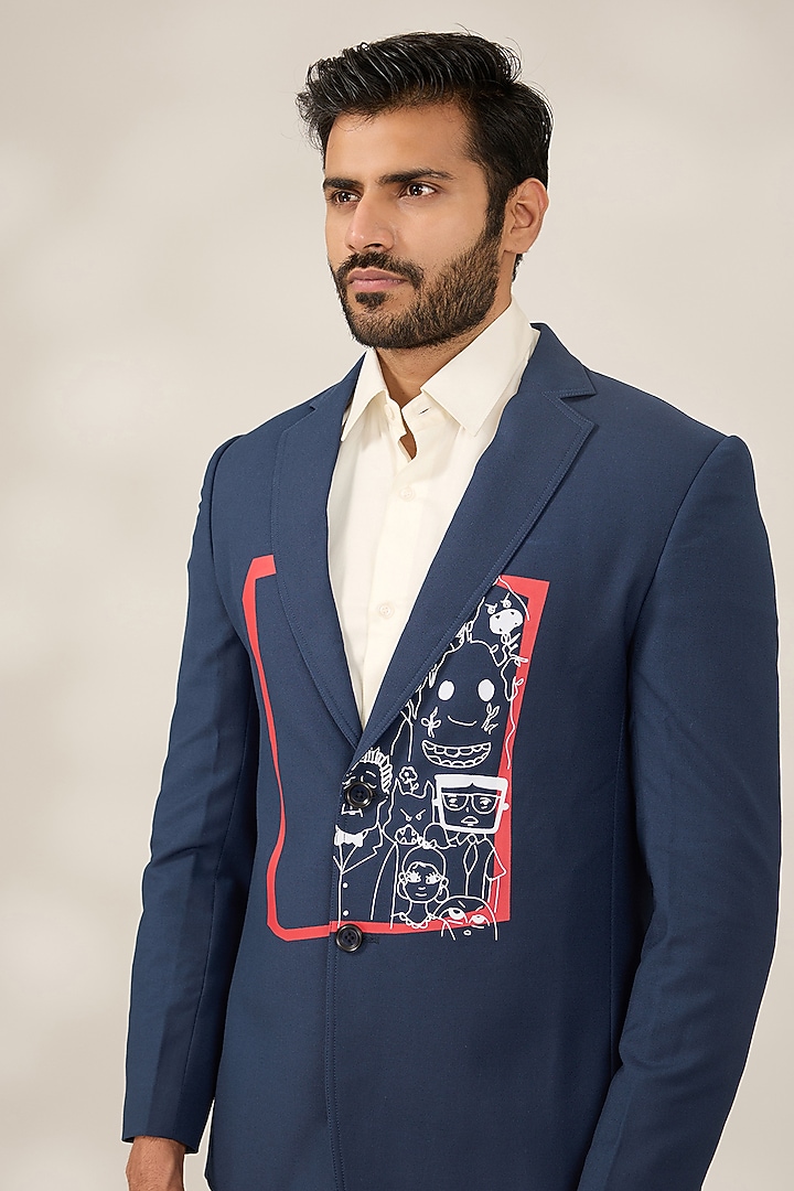 Navy Suiting Fabric Printed Tuxedo Set by SAHIL ANEJA at Pernia's Pop Up Shop