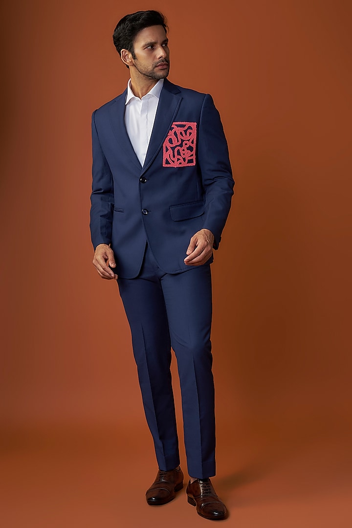 Navy Suiting Embroidered Tuxedo Set by SAHIL ANEJA