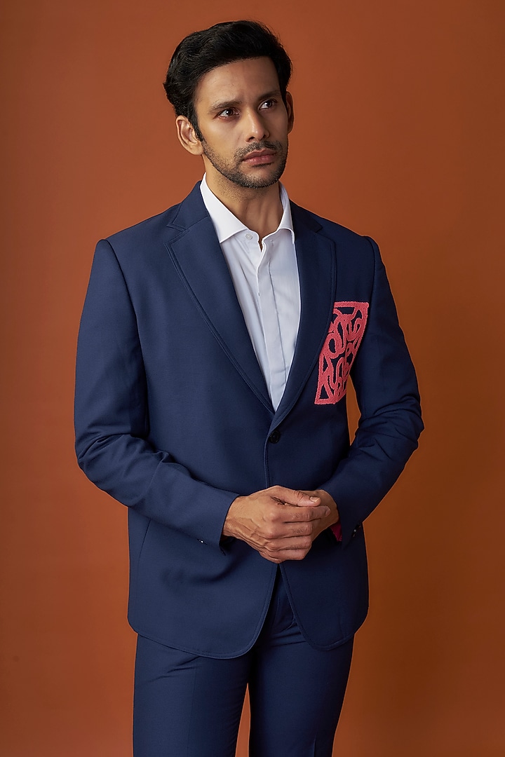 Navy Suiting Embroidered Tuxedo Set by SAHIL ANEJA at Pernia's Pop Up Shop