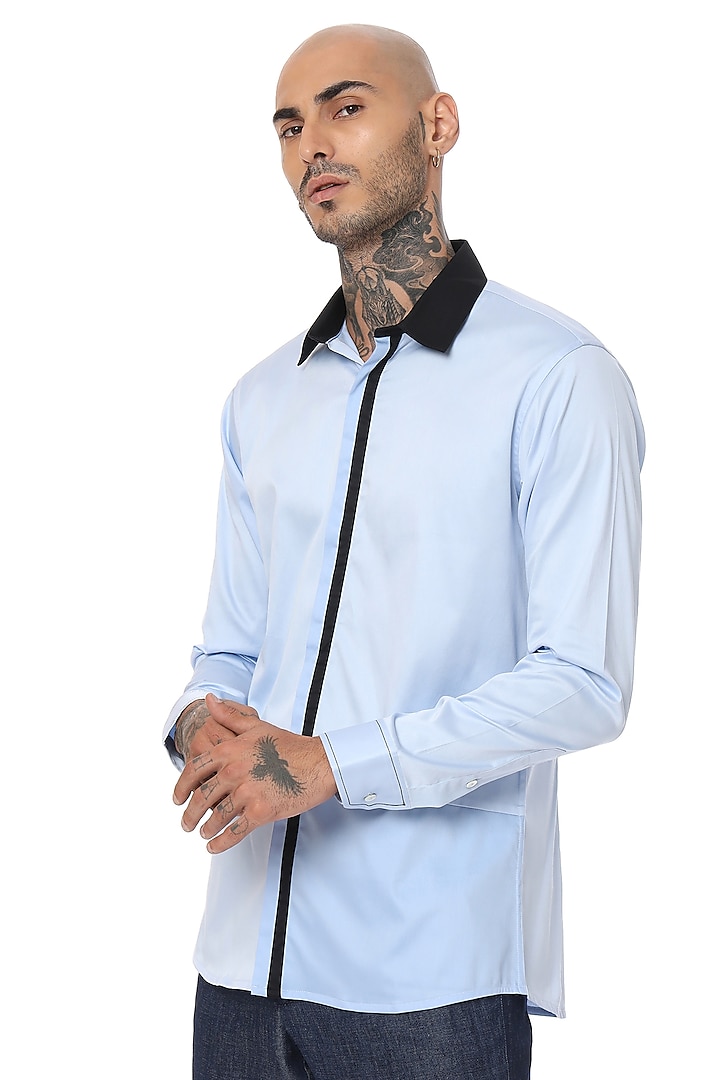 Blue Cotton Color-Blocked Shirt by SAHIL ANEJA