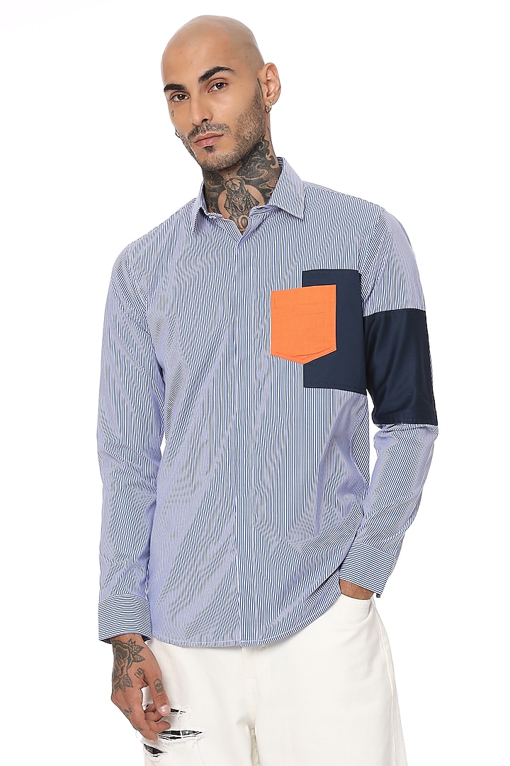 Blue Cotton Color-Blocked Shirt by SAHIL ANEJA