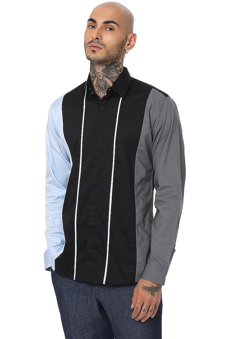 Black Cotton Color-Blocked Shirt by SAHIL ANEJA