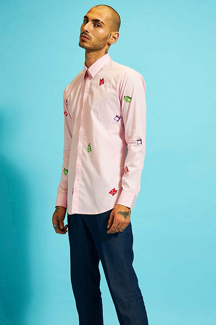Pink Cotton Embroidered Shirt by SAHIL ANEJA