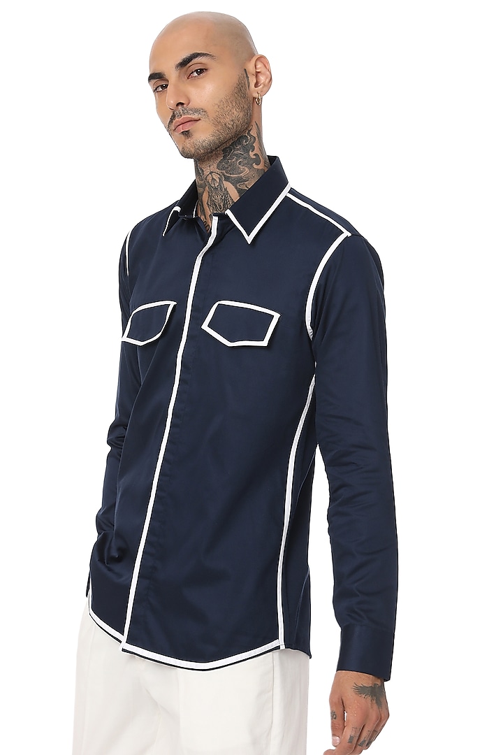 Navy Blue Cotton Shirt by SAHIL ANEJA