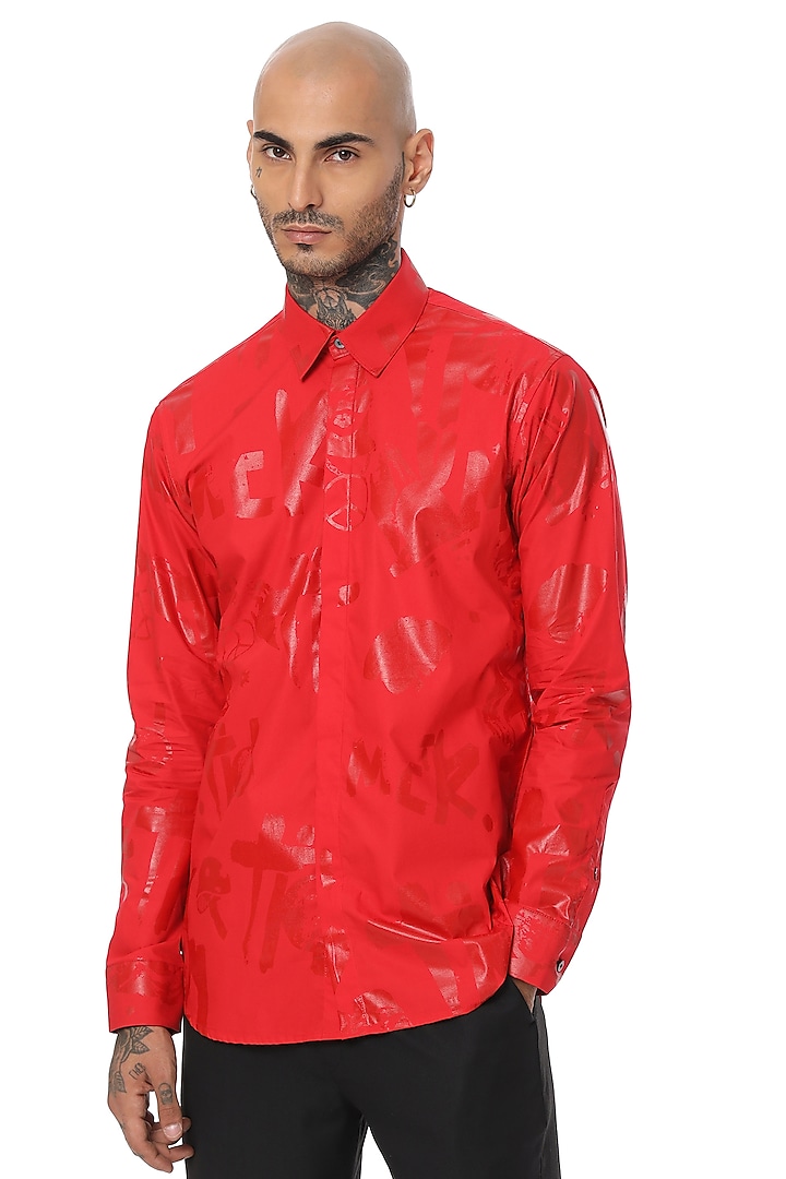 Red Cotton Screen Printed Shirt by SAHIL ANEJA