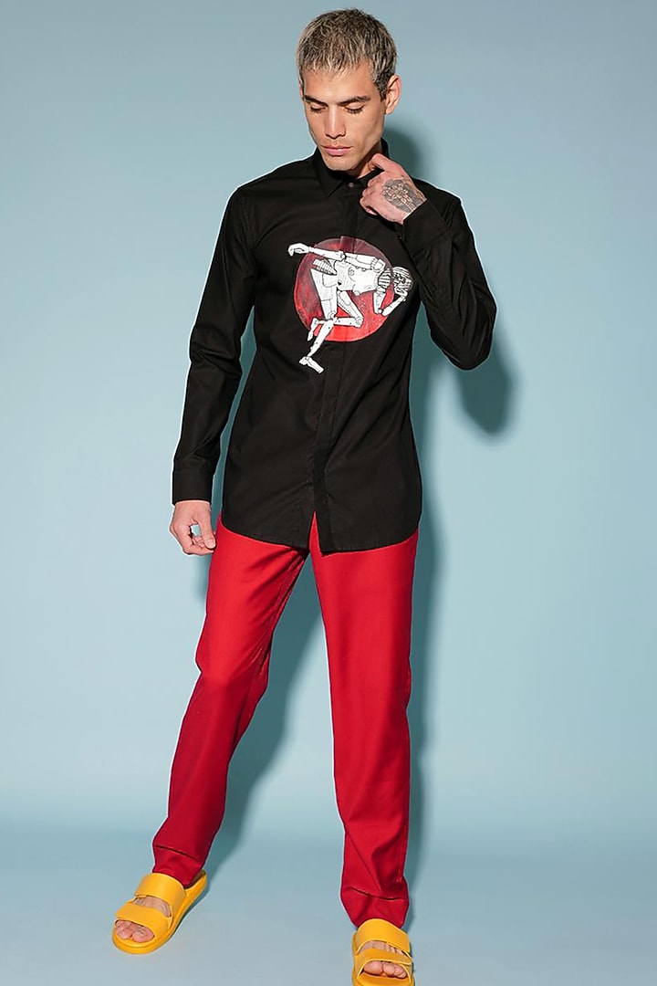 Black Cotton Screen Printed Party Wear Shirt by SAHIL ANEJA at Pernia's Pop Up Shop