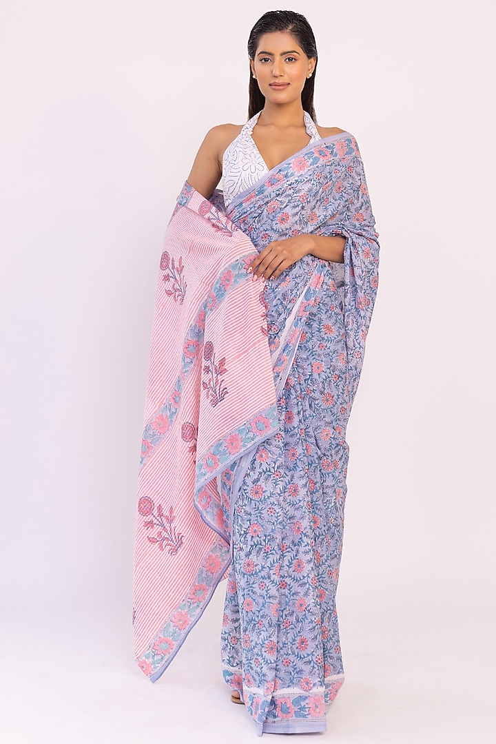 Purple Pure Cotton Block Printed Saree Set by Shaakha at Pernia's Pop Up Shop