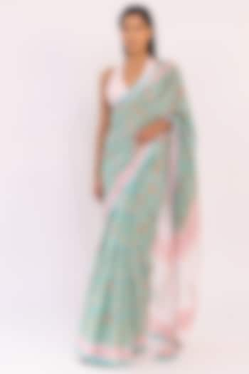 Sea Green Pure Cotton Block Printed Saree Set by Shaakha at Pernia's Pop Up Shop