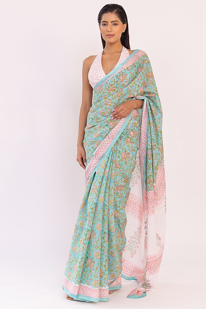 Sea Green Pure Cotton Block Printed Saree Set by Shaakha at Pernia's Pop Up Shop