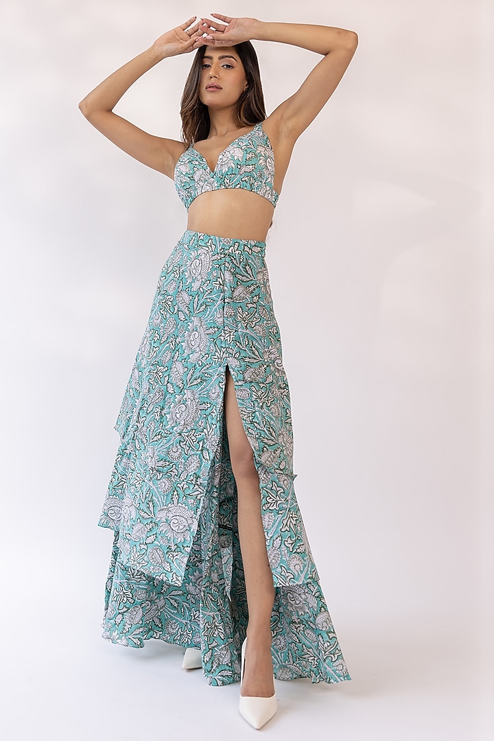 Turquoise Cotton Block Printed High-Slit Layered Skirt Set by Shaakha