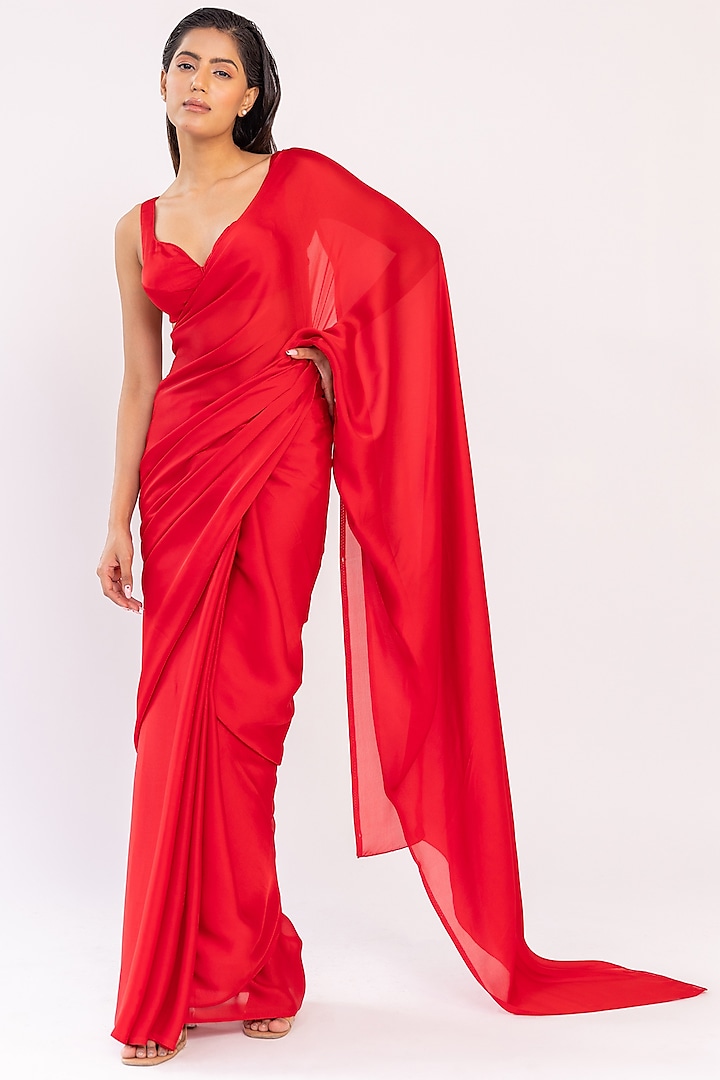 Blood Red Satin Saree Set by Shaakha