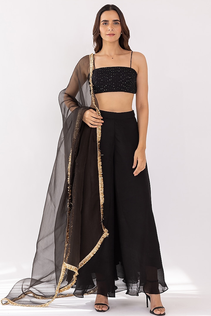 Black Georgette Flared Palazzo Pant Set by Shaakha