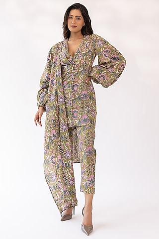 Olive Cotton Blend Block Printed Kurta Set by Shaakha