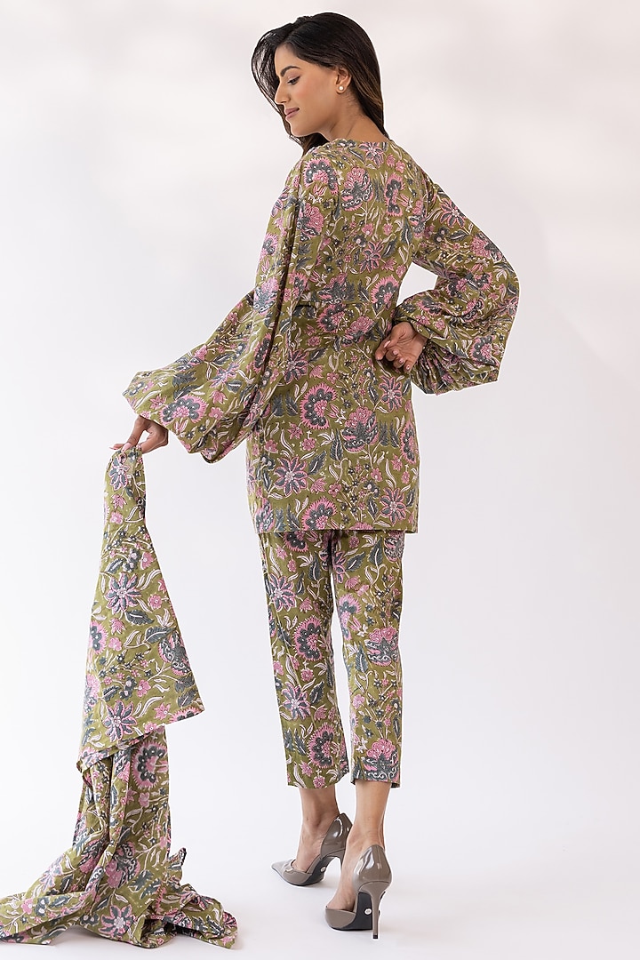 Olive Cotton Blend Block Printed Kurta Set by Shaakha at Pernia's Pop Up Shop
