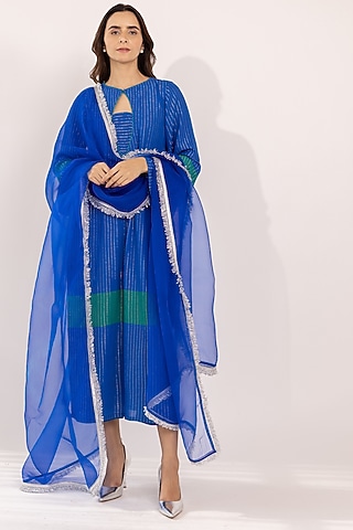 Royal Blue Cotton Lurex Kurta Set by Shaakha