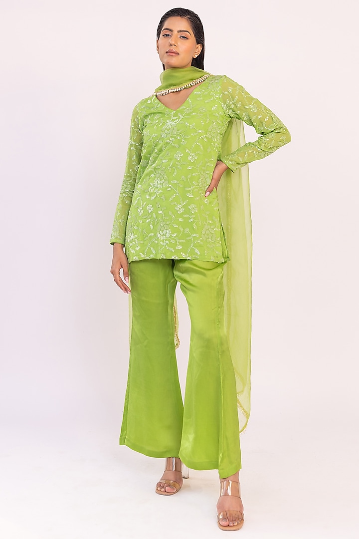 Green Georgette Sequin Embroidered Kurta Set by Shaakha