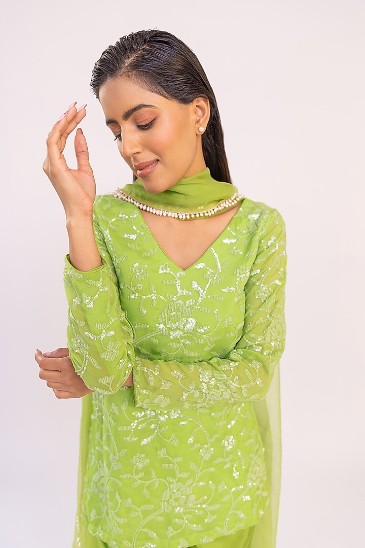 Green Georgette Sequin Embroidered Kurta Set by Shaakha at Pernia's Pop Up Shop