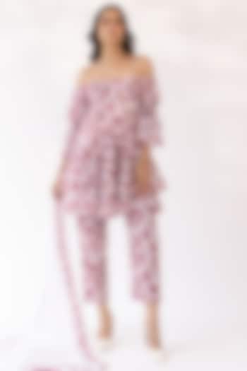 Pink Cotton Blend Block Printed Off-Shoulder Kurta Set by Shaakha