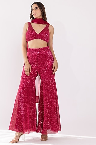 Reddish Pink Sequins Flared Palazzo Pant Set by Shaakha