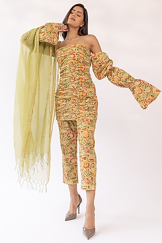 Mustard Cotton Blend Block Printed Kurta Set by Shaakha