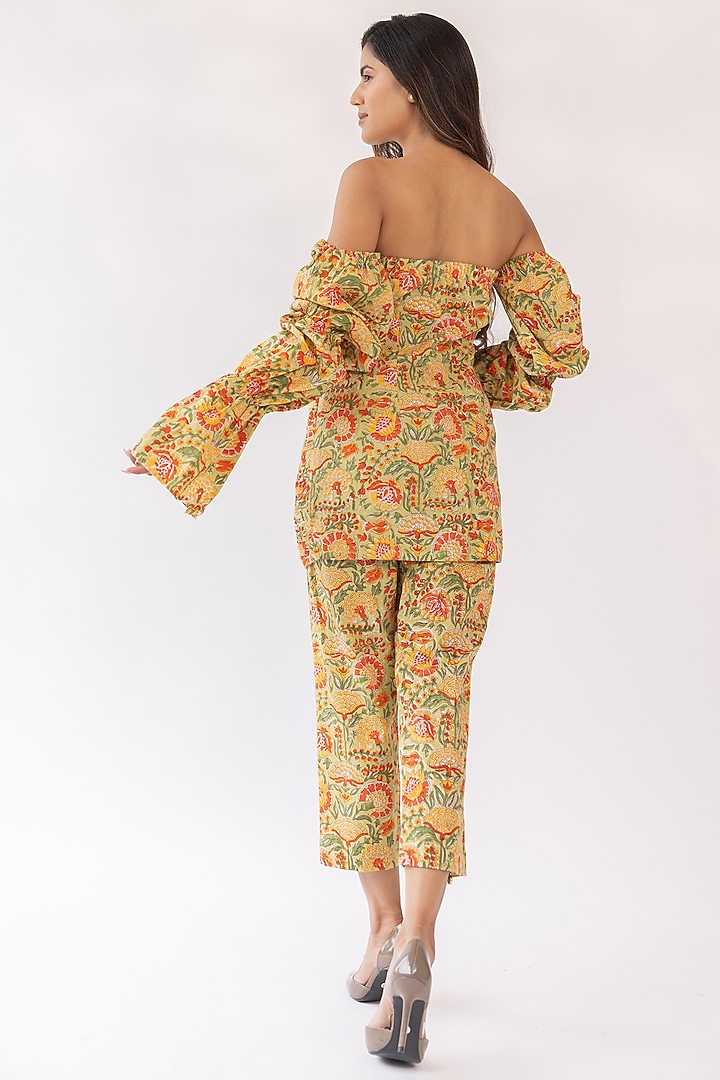 Mustard Cotton Blend Block Printed Kurta Set by Shaakha at Pernia's Pop Up Shop