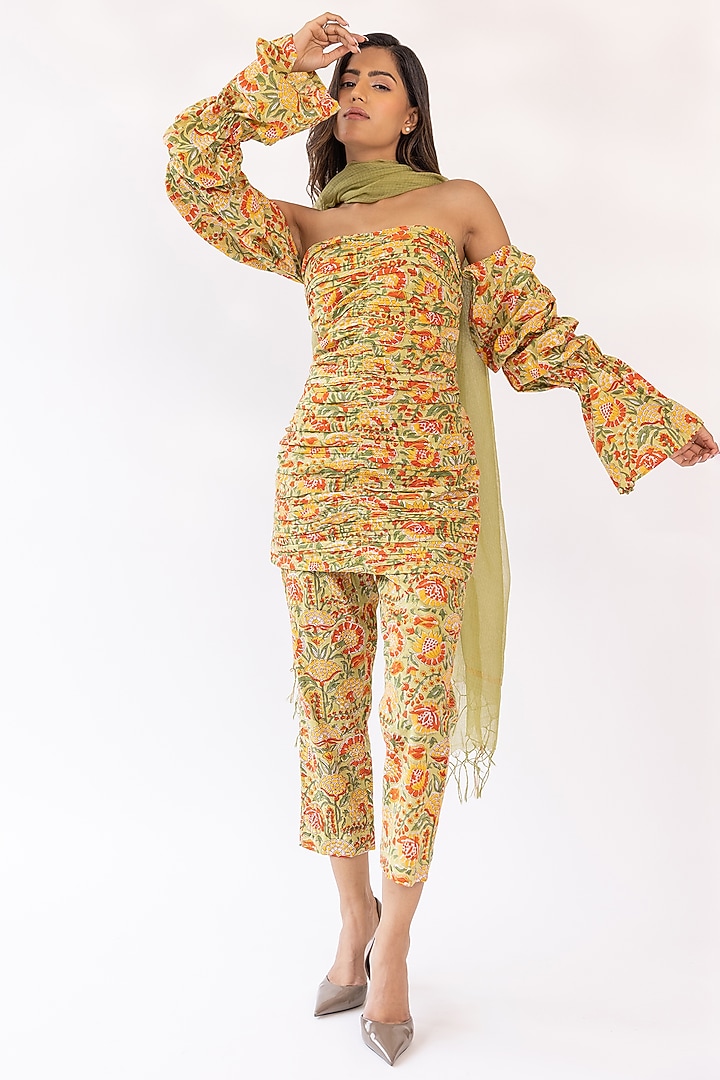 Mustard Cotton Blend Block Printed Kurta Set by Shaakha at Pernia's Pop Up Shop