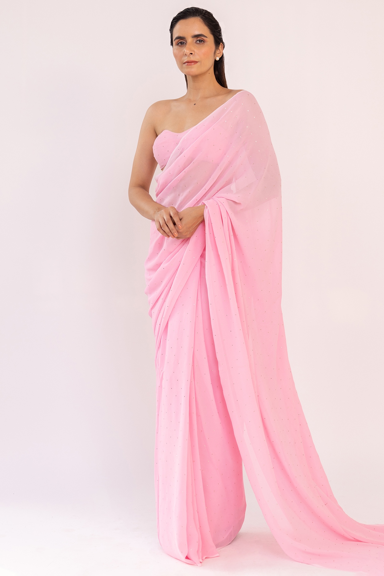 Buy Pink Satin Chinon Saree With Floral Motif Scallop Border And Unstitched  Blouse Piece Kalki Fashion India