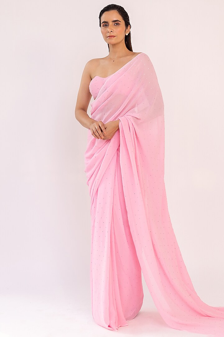 Baby Pink Georgette Saree Set by Shaakha