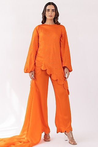 Orange Lurex Satin Blend Kurta Set by Shaakha