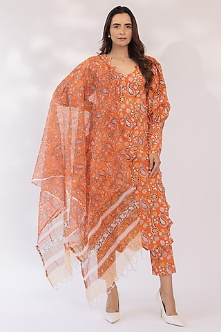 Rust Orange Cotton Kurta Set by Shaakha