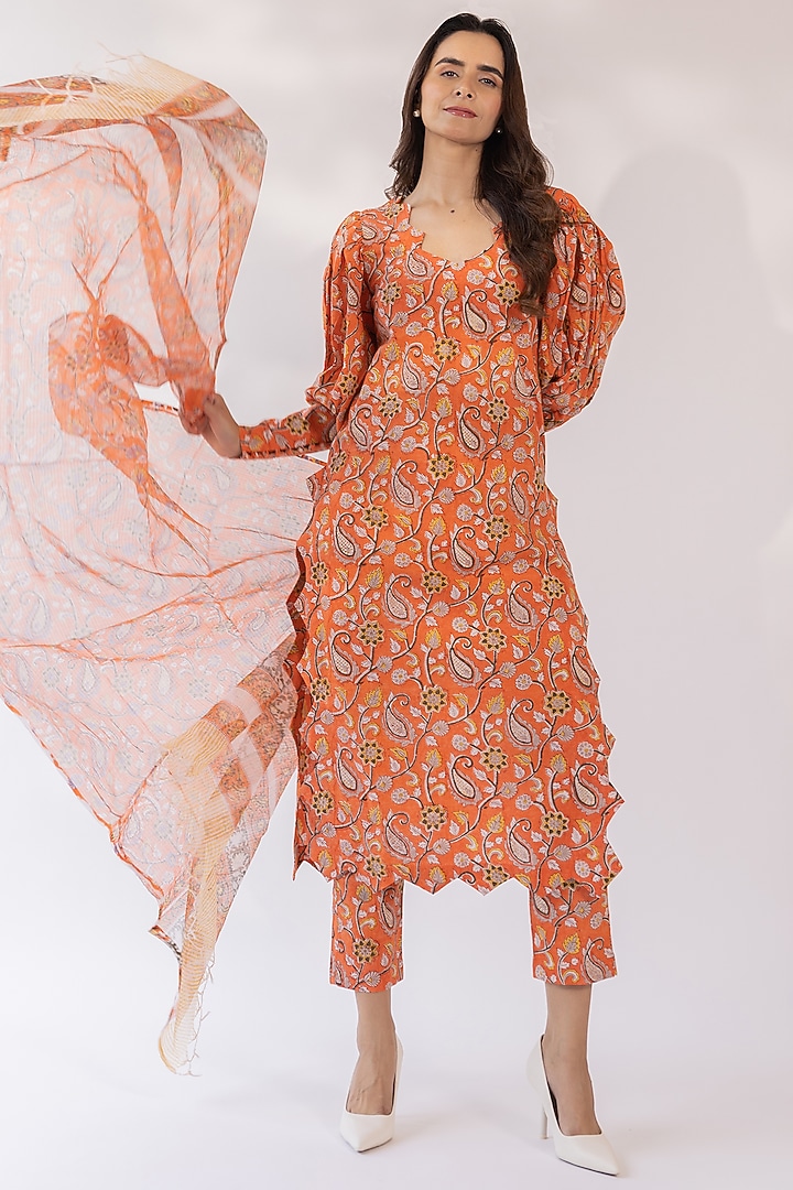 Rust Orange Cotton Kurta Set by Shaakha at Pernia's Pop Up Shop