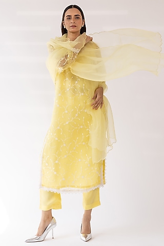 Yellow Organza Embroidered Kurta Set by Shaakha