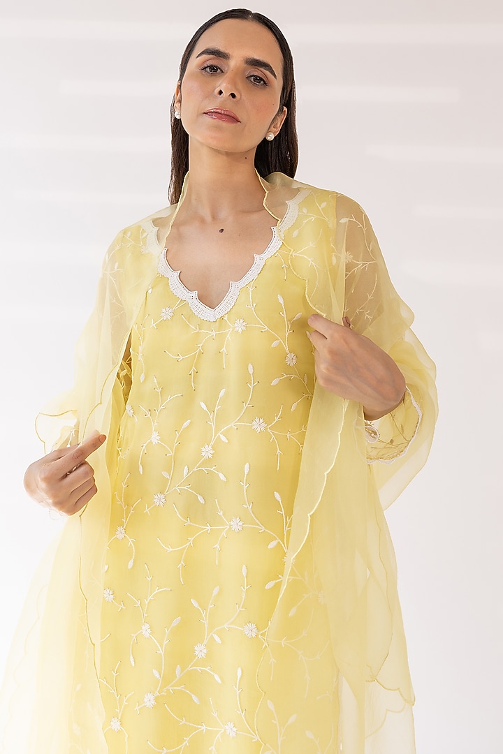 Yellow Organza Embroidered Kurta Set by Shaakha at Pernia's Pop Up Shop