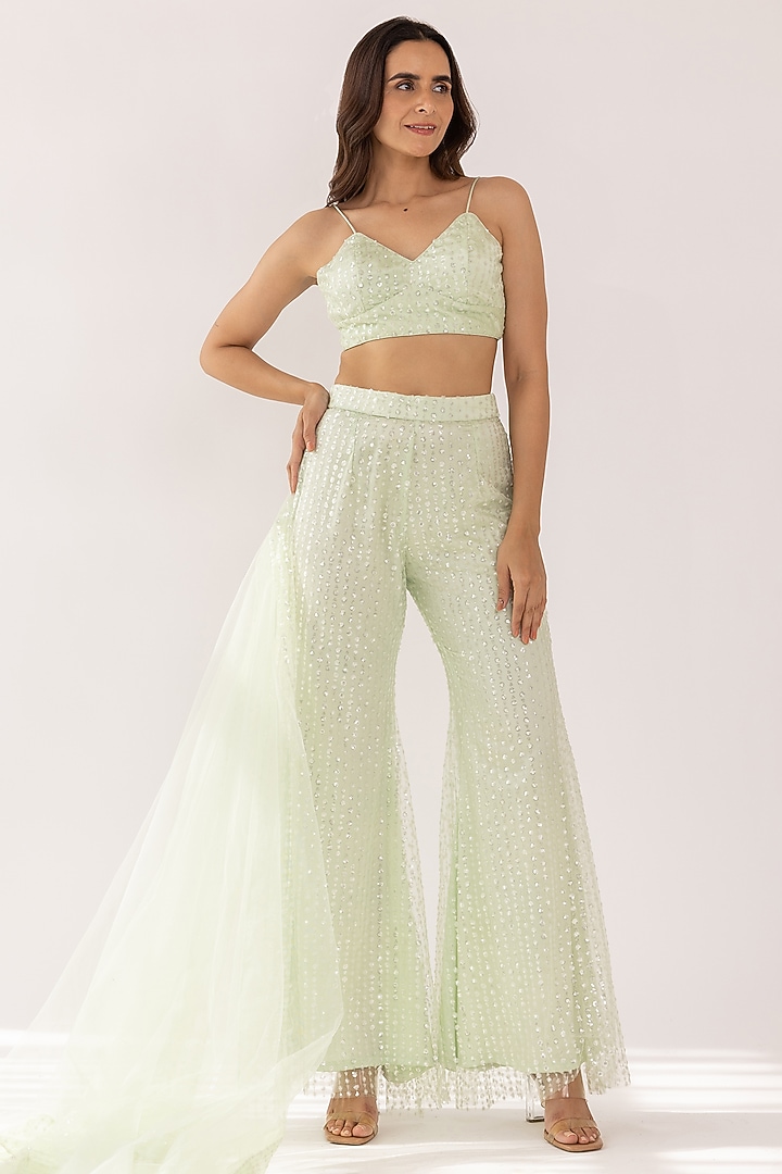 Mint Net Party Wear Sharara Set by Shaakha at Pernia's Pop Up Shop
