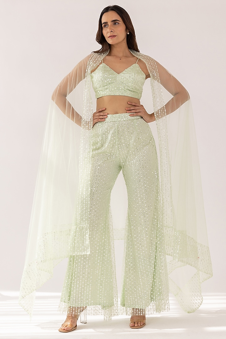 Mint Net Party Wear Sharara Set by Shaakha at Pernia's Pop Up Shop
