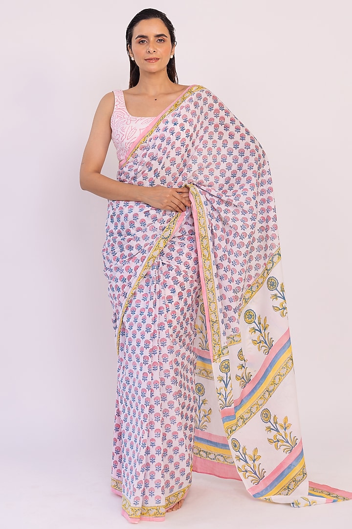 Powder Lilac Cotton Printed Saree Set by Shaakha